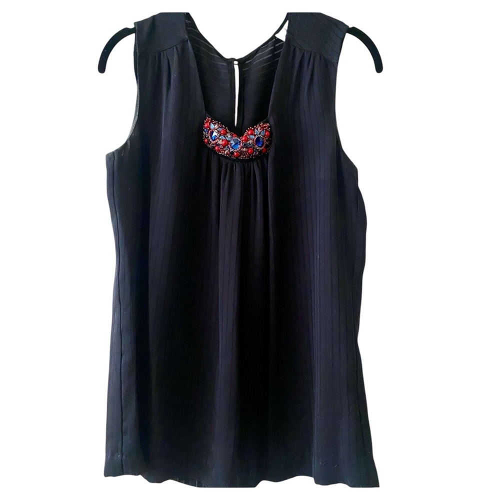 Milly Navy Embellished Silk Pleated Blouse with an elegant relax fit!